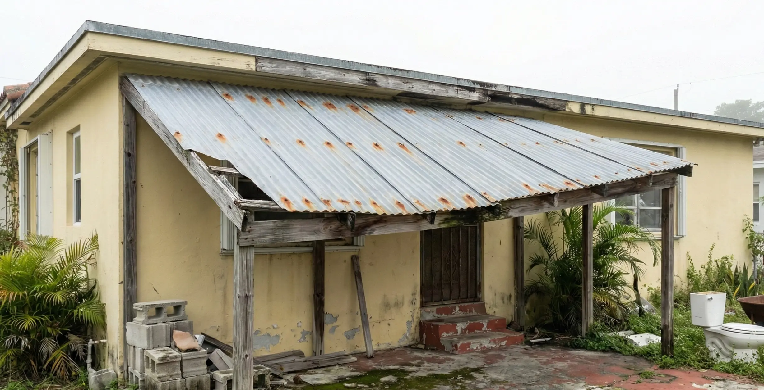Rusted roof and dilapidated porch